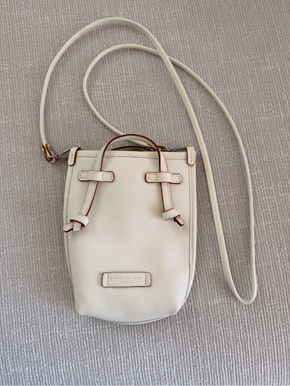 Cream Leather Mini Crossbody Phone Bag with Top Handles Leather